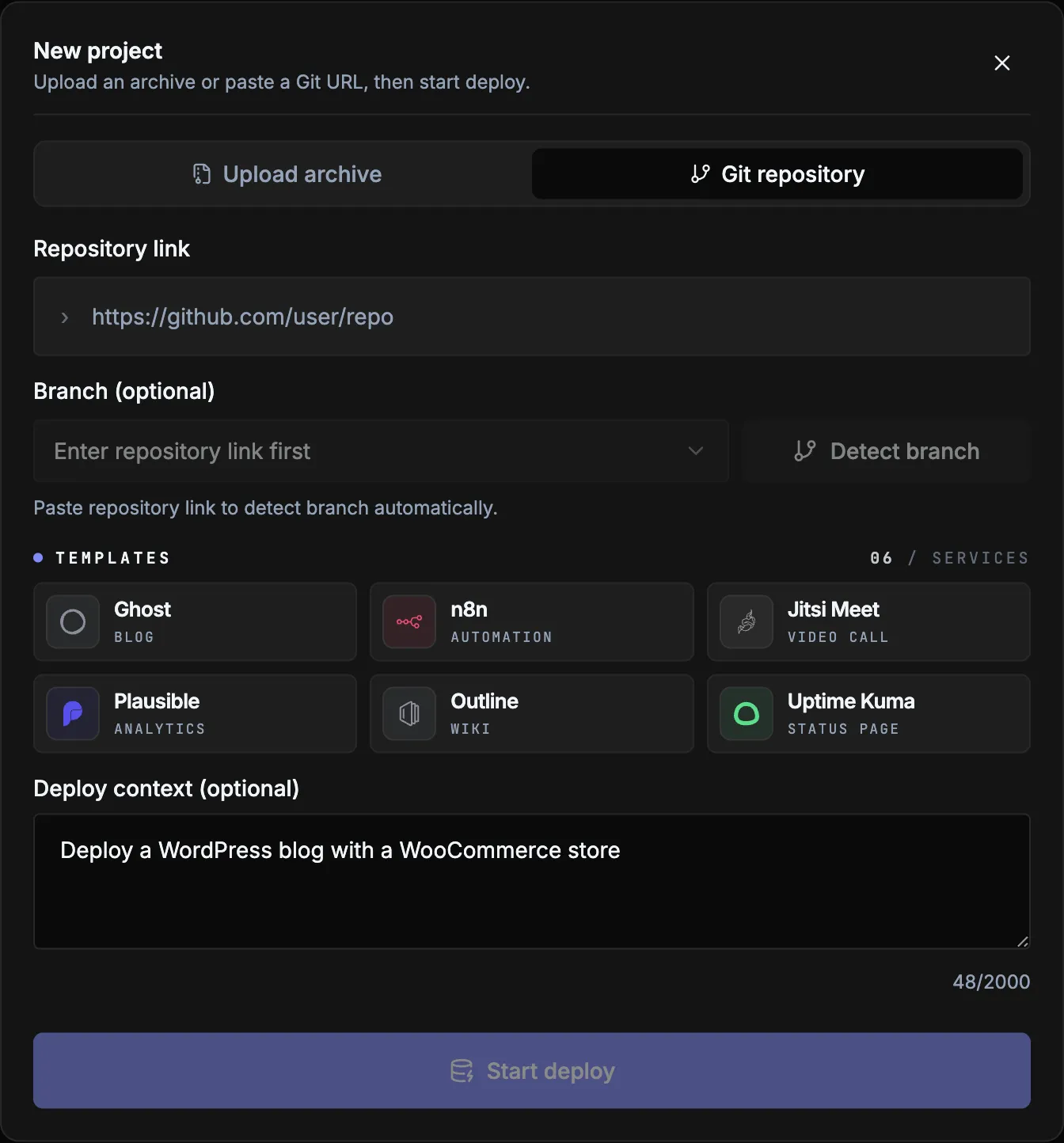 The New project panel: upload an archive or paste a Git repository link, pick a template, and add optional deploy context.