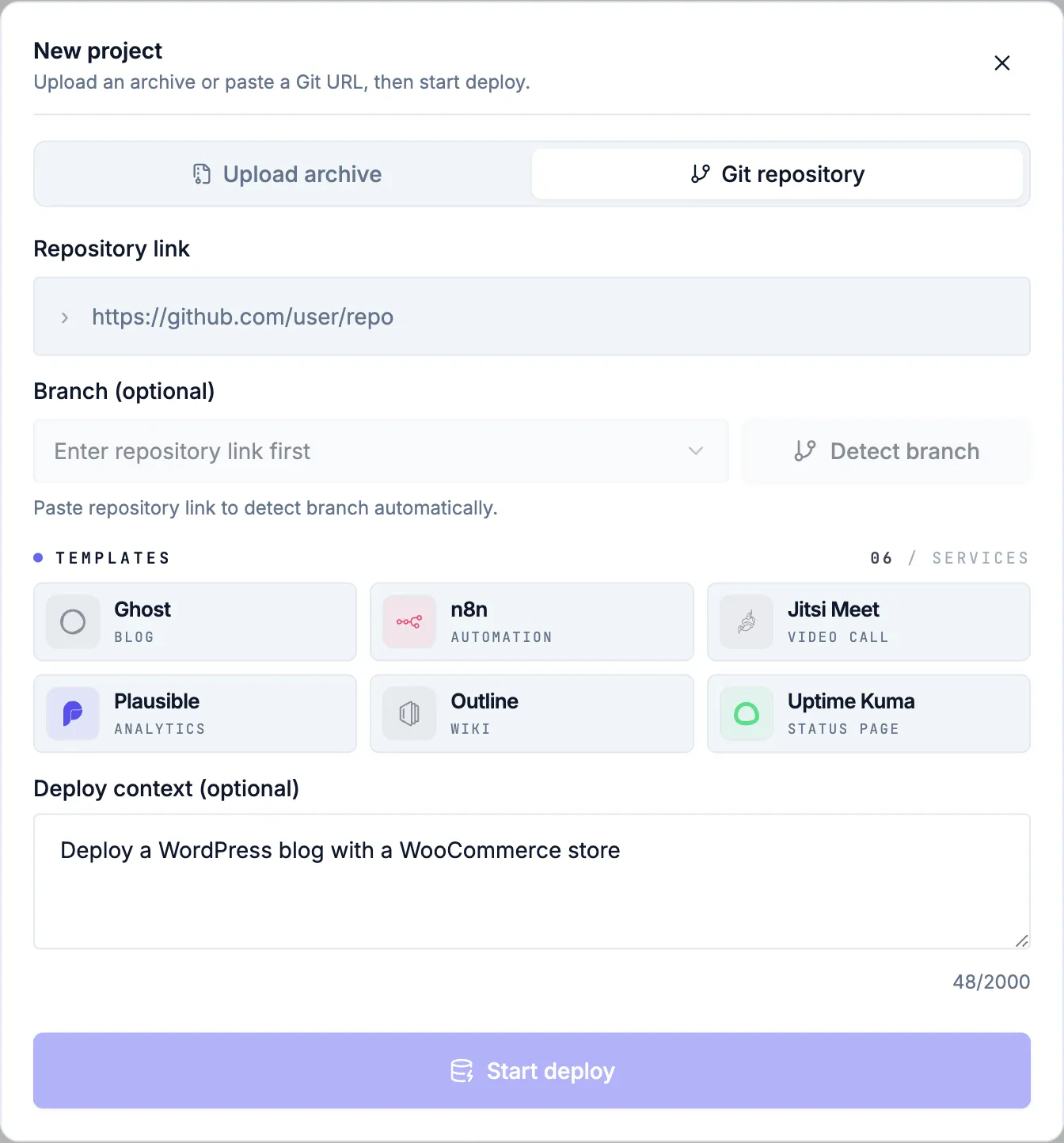 The New project panel: upload an archive or paste a Git repository link, pick a template, and add optional deploy context.