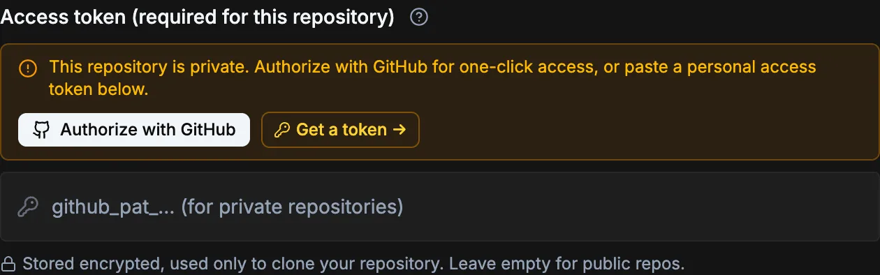 The access-token prompt for a private repository, with an Authorize with GitHub button and a link to create an access token.