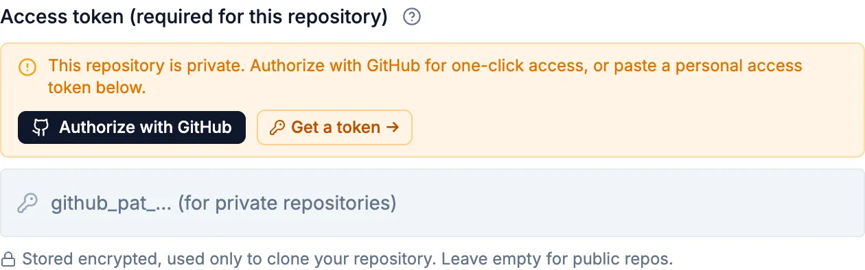 The access-token prompt for a private repository, with an Authorize with GitHub button and a link to create an access token.